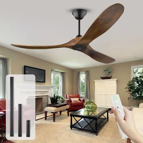 OUENGK 178cm großer Deckenventilator aus Holz für den Außenbereich ohne Beleuchtung, Deckenventilatoren mit Fernbedienung, 3 Flügeln, hoher Luftstrom, mit leisem, reversiblem DC-Motor