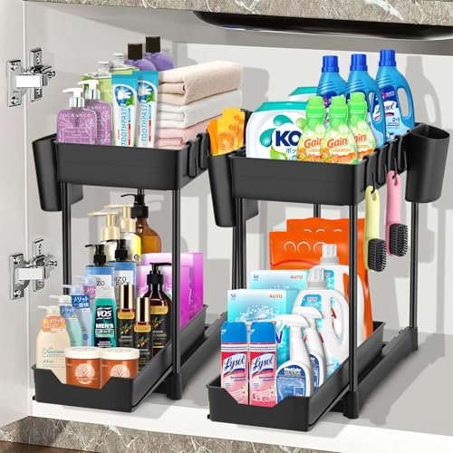 HIYAA Rangement sous Evier 2 étages,Organisateur sous Evier Tiroir Coulissant à Extraction,étagère de cuisine, étagère à épices, Panier de rangement multifonction pour salle de bain–Noir,2PCS