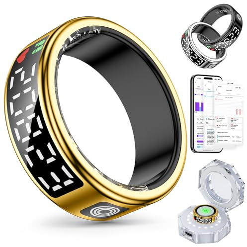 Gwenland Bague Connectée Homme Femme, Smart Ring Health Fitness avec écran LED, Anneau Intelligent IP68 Compatible avec iOS/Android,Tracker d'activité/fréquence cardiaque/SpO2/Sommeil (Or, 12)