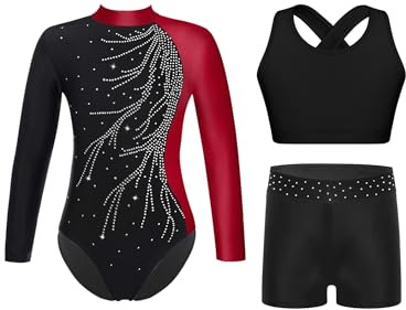 Yruioon Maillot de gimnasia para niña, de manga larga, con purpurina, sujetador deportivo y pantalones cortos, para gimnasia, disfraz de danza, A rojo vino., 146-152