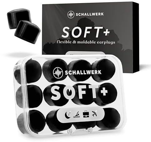 Schallwerk ® Soft+ - 12 Inserti auricolari in silicone - Supporto ottimale come protezione dell'udito durante il sonno, inserti auricolari morbidi per dormire Silicone (Nero, Taglia unica)