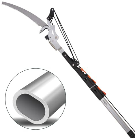 LINZI Telescopic High Reach Tree Pruner 2.9m | Oval Profile Aluminum Alloy Stronger Extendable Pole | Ø 35mm Max Cutting | Extra 350mm Curved Pruning Saw | Cutting Trimming High Branches