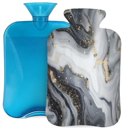 Myfsucce Wärmflasche mit Bezug, 2 l, schwarz-grauer Marmordruck, wiederverwendbarer PVC-Wärmbeutel zur Schmerzlinderung, Krämpfe und Wärme, 31 x 20,3 cm