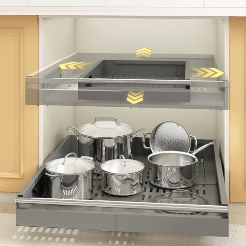 Mointal 2 Stück 4 Richtungen-Ausziehschublade, Teleskopschublade für die Küche mit Griff, Einstellbare Breite 33-53 cm & Tiefe 41-61 cm, Metall-Schubladenorganizer, Schrauben-/Klebe-Befestigung, Grau