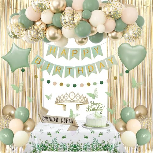 BlueCloudy Sage Green Birthday Decorations for Women Party Decoration | Nude Neutral Foil Balloons Table Cloth Sash Crown Fringe Curtains Happy Birthday Banner Circle Garland Butterfly Cake Topper