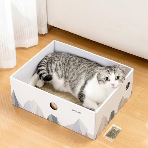 Conlun Cat Scratcher Box, Scratching Board, 1-Pack, Extra Large, White | Mess-Free Box | Heavy-Duty Cardboard Protects Furniture | Cat Lounge Bed For Indoor Kitties | Interactive Holes & Catnip