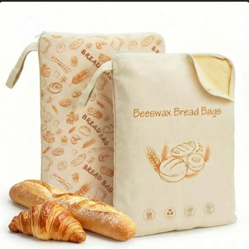 OMIOMIR 2-Pack XL Beeswax Bread Bags, Wide Zipper Access, Natural Linen Cotton Sourdough Bags, Reusable Bread Bags for Homemade Loaves, Practical Bread Bags with Zip Seal for Freshness