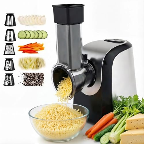 COOCHEER Râpe Électrique 5 en 1 et Coupe-Légumes 150W, Argenté | Mandoline multifonction avec 5 Tambours pour fromage et légumes. Sans BPA et lavable au lave-vaisselle