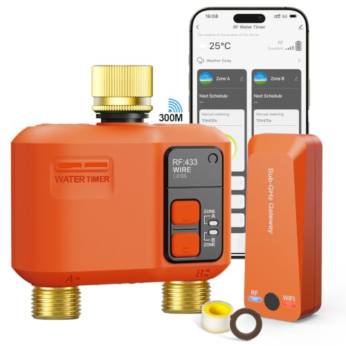Styrenhet WiFi-bevattning 2 utgångar med 300 meter RF, mässing inlopp och utlopp, smart bevattningstimer kompatibel med APP och Alexa sång, regnfördröjning, bevattningstimer