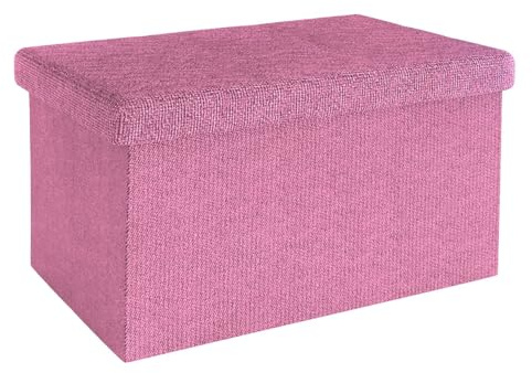 INTIRILIFE Fällbar bänk 49x30x30cm i PINK - Sittkub i tyg med förvaringsutrymme och lock i linne - Sittkub fotstöd vikbar förvaringslåda bröstpall