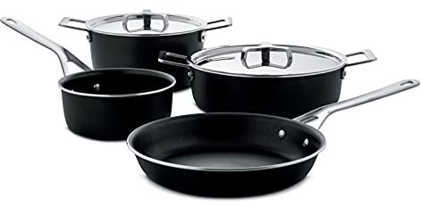 Alessi Cookware set composed of Casserole (AJM101/20B), Low casserole (AJM102/24B), Saucepan (AJM105/16B), Frying pan (AJM110/24B), 2 Lids (AJM200/20, AJM200/24)
