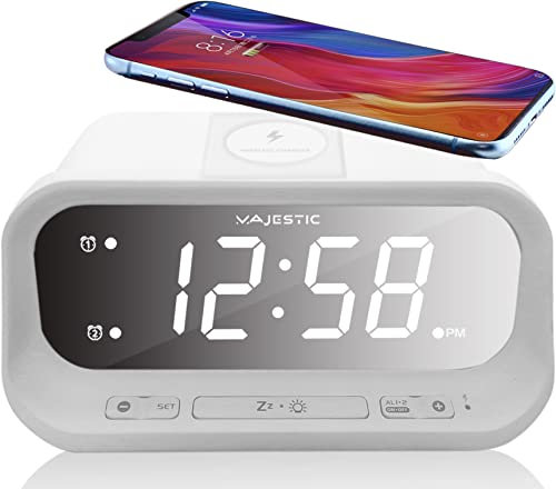 Majestic SVE 236WI - Sveglia digitale doppio allarme, display con luminosità regolabile, base per ricarica wireless e uscita USB per ricarica, bianco