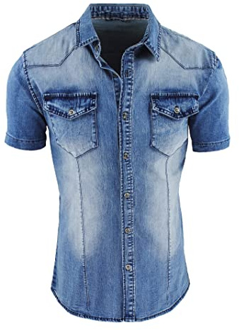 Evoga Camicia Jeans Uomo Casual a Manica Corta Slim Fit Denim Shirt (S, Denim Blu)
