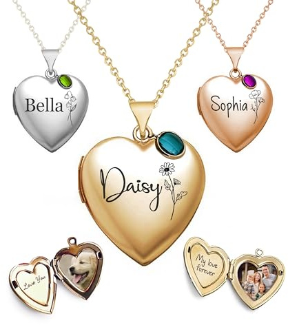 Twenty&Sixty Personalized Heart Locket Necklace for Women, Girl, Kids, Holds Pictures, Birth Flower Personalized & Engraved Picture Locket Necklace Gold/Silver/RoseGold