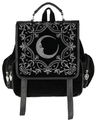 Restyle Crescent Square Backpack, Gothic Okult Alternative Schwarz Vegane Leder Tasche mit Halbmond-Stickerei, Schwarz, One size