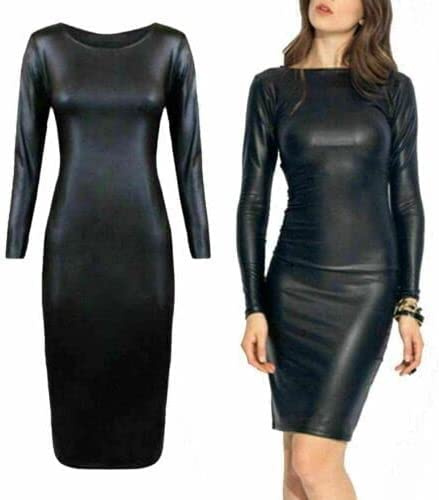 R&N FASHIONS, Miniabito da donna con maniche lunghe in PU effetto bagnato, bodycon midi in finto cuoio – Perfetto per ogni occasione – Abito nero semplice ed elegante, Nero , Medium - Large