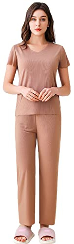 amropi Pigiama Donna Seta di Ghiaccio da Pigiami Manica Corta Maglietta e Pantaloni Estivo Camicia da Notte caffè, 4XL