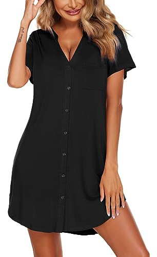 Ekouaer Women's Nightdresses Sexy Nightwear for Women V Neck Button Short Sleeve above Knee Nightshirt, S-XXL