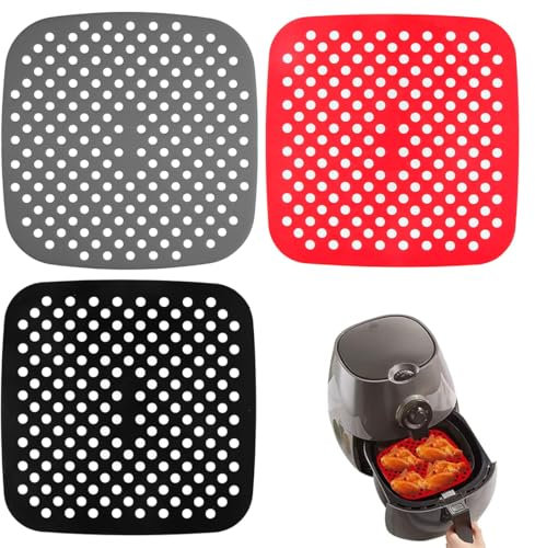 3 Pièces Tapis de Friteuse à Air, Tapis de Cuisson Carrés en Silicone pour Friteuse à Air, Tapis de Cuisson Vapeur Réutilisables pour Friteuse à Air Vapeur, Perforé, pour Parchemin Papier Remplacement