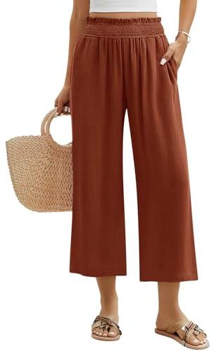Niwicee Pantalones Mujer de Lino y Algodón Casual Sólido Suelto Palazzo de Pierna Ancha - Cintura Alta Elástico 3/4 con Bolsillos para Verano