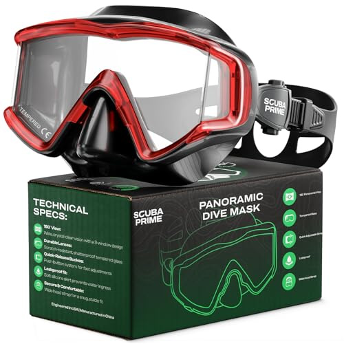 Scuba Prime Pano 3 Scuba Diving Mask, Tempered Glass Snorkel Mask Three-Window Scuba Mask No-Leak Dive Mask Silicone Skirt Diving Mask for Snorkeling and Scuba Use, Red
