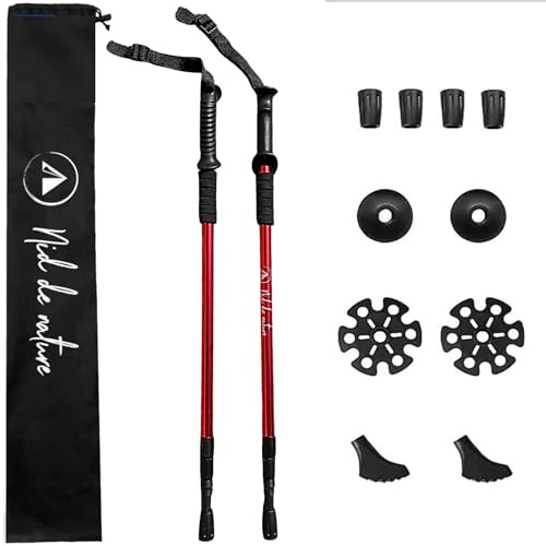 Nid de nature Bâtons de randonnée : Paire télescopique en Fibre de Carbone, Canne rétractable réglable Homme Femmes, Accessoire Pliable Nordique, Accessoires Trail bâton de Marche Polyvalent Rouge