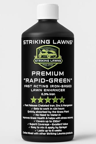 Striking Lawns – Liquide de pelouse en fer RAPID-GREEN couvre 250 m² – Anti-mousse à action rapide et plus vert | Formule de fer à 6,3 % | Pas d'arrosage nécessaire | Application par pulvérisation |