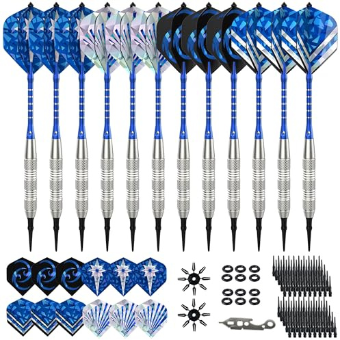 Lot de 12 Fléchette Pointe Plastique 18 g pour Cible Électronique, Jeu de Fléchettes Pointe Souple avec 24 Ailettes et 100 Embouts de Remplacement, Set de Fléchettes, Bleu