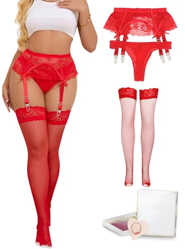 ohmydear Eyelash Lace Stockings and Suspenders Set Plus Size Garter Belt for Thigh High Stockings 4 Adjustable Straps Sexy Lingerie for Women Sets Red Suspender Belts 3 Piece