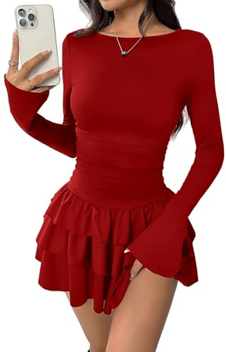 Sukiglam Vestito Donna Elegante Mini Abito Maniche Lunghe Scollo a Barchetta Sexy Abiti Corto con Volant a Strati Casual Vestito A Line Aderente Abito da Sera Discoteca Cocktail Festa Autunno Inverno