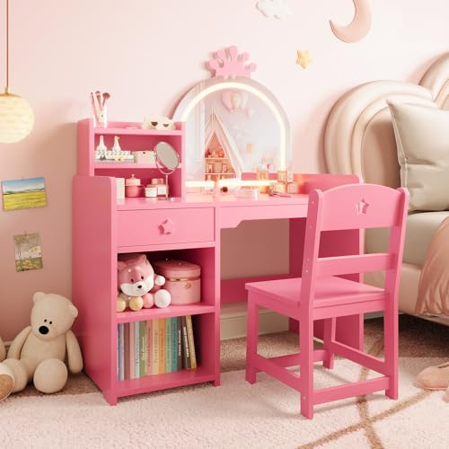 Aptliton Children’s Lighted Dressing Table Set with LED Mirror,Makeup Desk with Drawers,Open Shelves & Spacious Tabletop,Kids Vanity and Study Desk for Bedroom Playroom,Pink