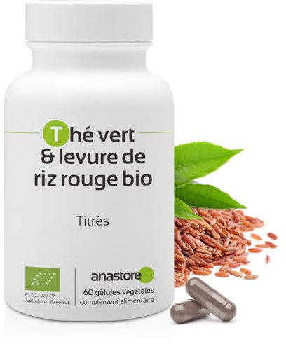 Lievito di riso rosso bio e tè verde bio * 387 mg / 60 capsule * titolato in Monacolina K, in Polifenoli, in Catechine e in EGCG * Antiossidanti.
