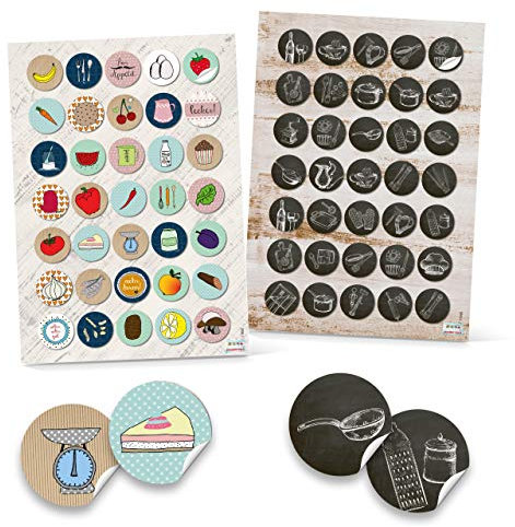70 runde 3 cm Küchensticker Küchenaufkleber Aufkleber Küche Obst Besteck Essen Gastronomie Sticker Küchendeko vintage bunt Deko