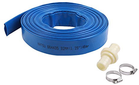 KATSU Layflat Discharge Hose Pipe 20m x 32mm 1-1/4 Inch Diameter with 2 Clips and Quick Coupler Connector, Fits Submersible & Other Water Pumps for Draining Pond, Garden Irrigation, Hot Tub, Pool