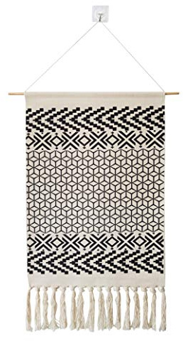 Macrame Woven Wall Tapestry Hanging Art, 20x34 Large Boho Chic Bohemian Morocco Black White Diamond Rhombus Geometric Tapestries Decor for Apartment Dorm Kids Living Room Bedroom Door Entrance