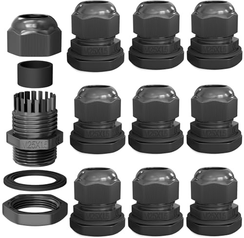 hb-digital 10х kabelskruvanslutning M25 för 11–15 mm, kabeldiameter IP68, damm- och vattentät med gummitätning, motmutter klämribbor, stopputtag, isolering, kabelinföring – svart