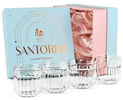 Vasos de Cóctel de Vidrio de Borosilicato Santorini | Juego de 4 | 280 ml | Vasos de Bola Baja de Coctelería para Margarita, Caipiriña | Copas de Cristalería Moderna para Cocteles de Bar