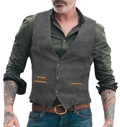 Yiaisafa Jagd Herren Tweed Anzug Weste Cowboy Retro Herringbone Westen Vintage Wollen Hochzeit Gilet Bräutigam Lässig S-3XL(Grau,L)