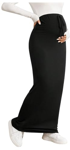 SHENHE Women's Maternity Skirt Knit Adjustable Waist Drawstring Maxi Skirt Black L