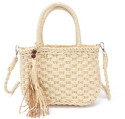 EVEOUT Sac à Main Panier en Paille pour Femmes Filles Sac à bandoulière Panier Pochette d'été en Paille Sac de Plage tissé pour Vacances Voyages(Beige 01)