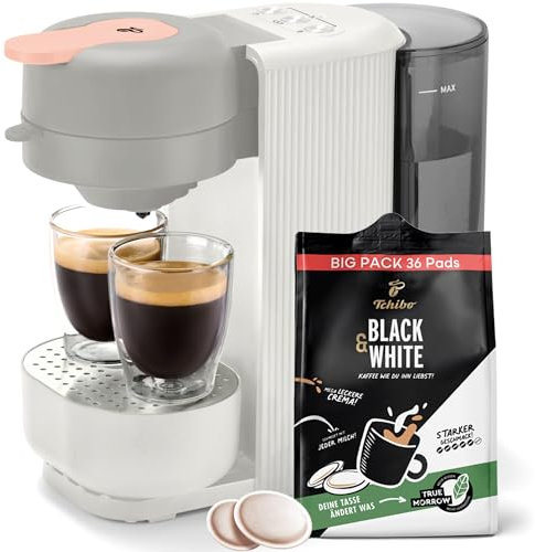 Tchibo Kaffeepadmaschine CALL ME PAD inkl. 36 Kaffeepads Black & White, mit Taste für To-Go Becher, für 2 Tassen, schnell und leise, automatische Abschaltfunktion, Weiß