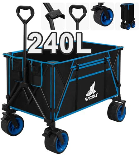 WOLTU Bollerwagen faltbar, XXL Transportwagen klappbar, Handwagen mit Bremsen für alle Gelände, Strandwagen Gartenwagen Campingwagen, bis 240 L 120 kg belastbar, Schwarz+Blau