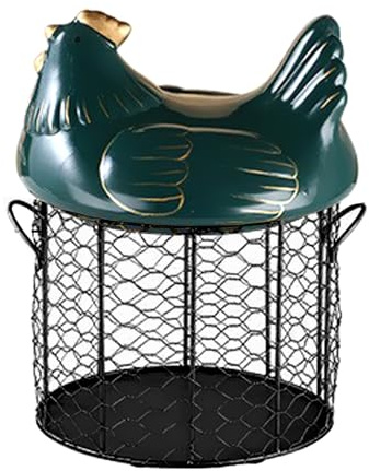 Cesta para Huevos de Gallina, Cestas de Alambre para Recolección de Huevos con Tapa de Cerámica para Recolectar Huevos Frescos, Soporte para Huevos de Gallina, Lindo Contenedor Decorativo(Verde)