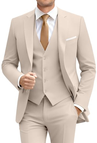 Mens 3 Pieces Suit Formal Slim Fit Suit Men 2 Button Suit Blazer Vest Pants Set Light Champagne Suits for Men Groom Wedding Prom Men's Tuxedos L