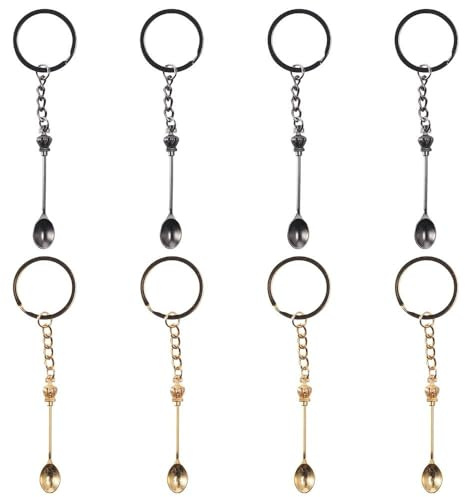 8 stycken mini kronsked nyckelring guld och svart liten kaffesked legering tesked hänge halsband nyckelring med kronsked nyckelring för att fylla flaskor