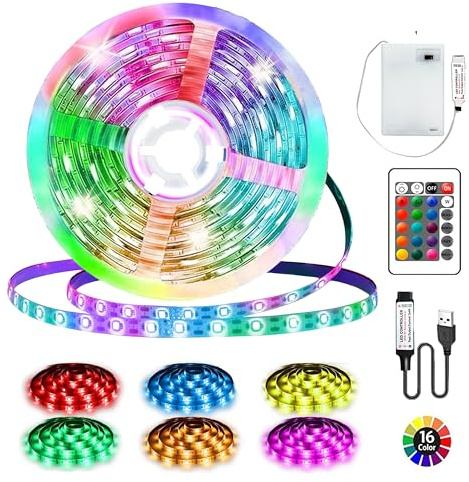 Tira de luces LED con batería, 3 metros, tira de LED RGB 5050 de 90 LED, tira de LED alimentada por batería o USB con control remoto atenuable de 16 colores, se puede cortar a medida para