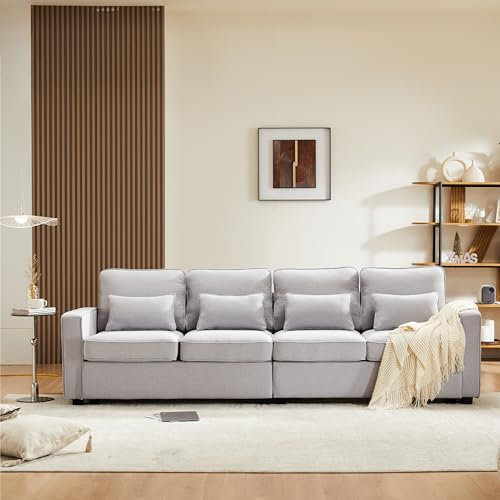 Arhatreya 4 Sitzer Sofa aus Leinenstoff, Viersitzer-Sofa mit Armlehnentaschen und 4 Kissen, Sofa im einfachen Stil, geeignet für Wohnzimmer, Wohnung, Büro, Grau