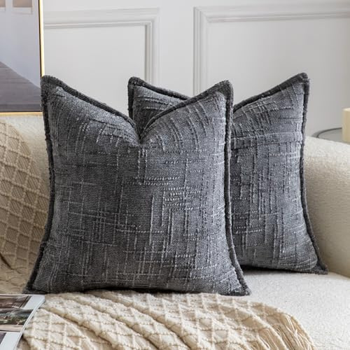 Madizz Decorative Chenille Cushion Covers 45x45 cm Dark Grey Pack of 2 Throw Pillows for Couch Sofa Boho Accent Pillow Cases for Bed Cushion for Bedroom Living Room Modern Home Decor