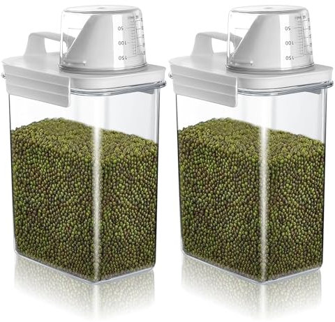 Lot de 2 distributeurs de lessive hermétiques avec verre doseur de 1800 ml - Boîte de rangement pour poudre à lessive, céréales, riz