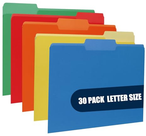 File Folders 30 Pack Letter Size Paper Folder 1/3-Cut Tab Expanding File Organiser for School and Office Supplies, Assorted Colors